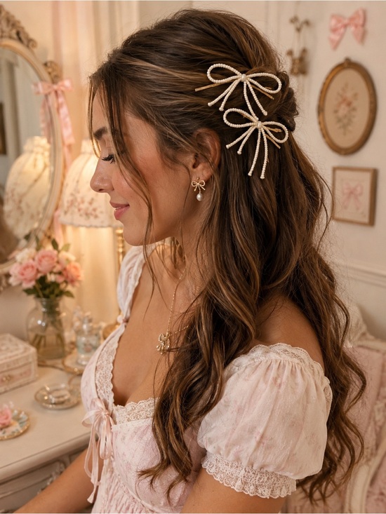 Free People Accessories - NWT Free People Cream Beaded Bow Gold Hair Clips Set Boho Coquette
